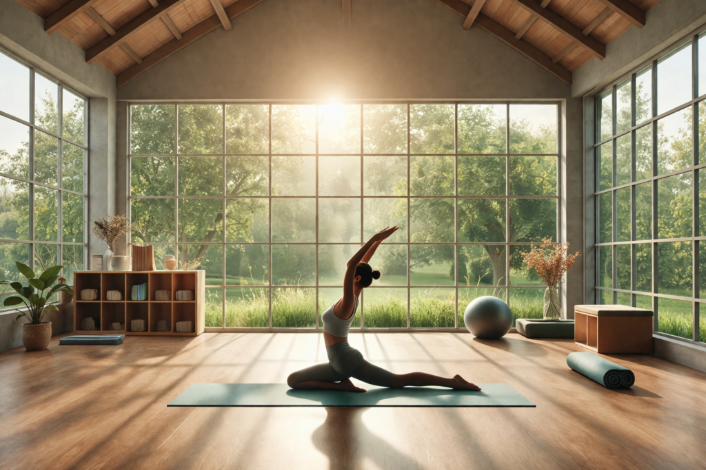 Exercice de Pilates pour débutants à la maison : femme en séance de renforcement musculaire et amélioration de la posture dans un studio lumineux.